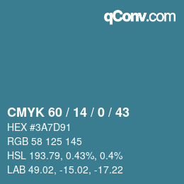 Color code: CMYK 60 / 14 / 0 / 43 | qconv.com