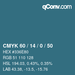 颜色代码: CMYK 60 / 14 / 0 / 50 | qconv.com