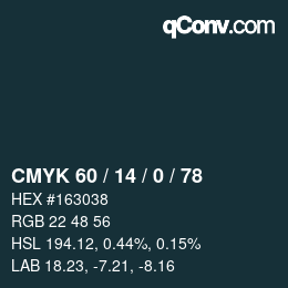 Color code: CMYK 60 / 14 / 0 / 78 | qconv.com