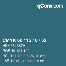 カラーコード: CMYK 60 / 15 / 0 / 52 | qconv.com