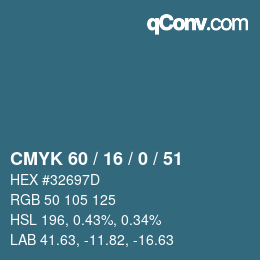 カラーコード: CMYK 60 / 16 / 0 / 51 | qconv.com