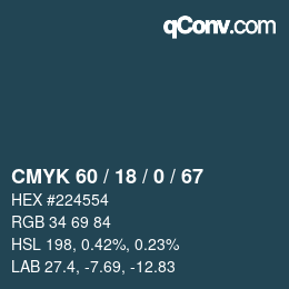 カラーコード: CMYK 60 / 18 / 0 / 67 | qconv.com