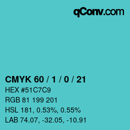 颜色代码: CMYK 60 / 1 / 0 / 21 | qconv.com