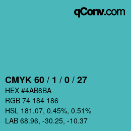 カラーコード: CMYK 60 / 1 / 0 / 27 | qconv.com