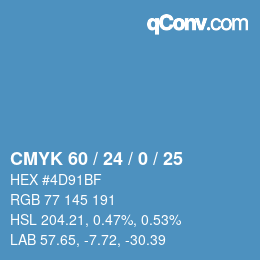 Code couleur: CMYK 60 / 24 / 0 / 25 | qconv.com