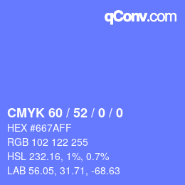 カラーコード: CMYK 60 / 52 / 0 / 0 | qconv.com