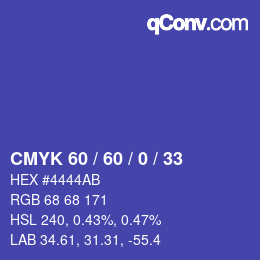 カラーコード: CMYK 60 / 60 / 0 / 33 | qconv.com