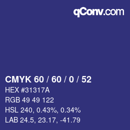 カラーコード: CMYK 60 / 60 / 0 / 52 | qconv.com