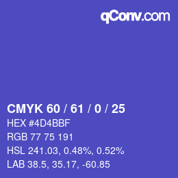 カラーコード: CMYK 60 / 61 / 0 / 25 | qconv.com