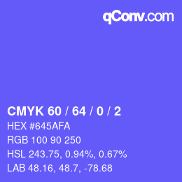 カラーコード: CMYK 60 / 64 / 0 / 2 | qconv.com