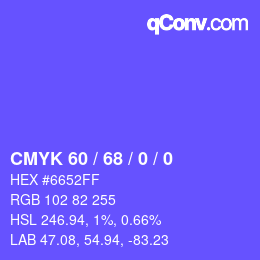 カラーコード: CMYK 60 / 68 / 0 / 0 | qconv.com