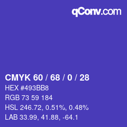 カラーコード: CMYK 60 / 68 / 0 / 28 | qconv.com