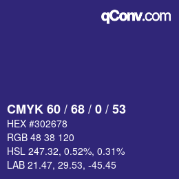 カラーコード: CMYK 60 / 68 / 0 / 53 | qconv.com
