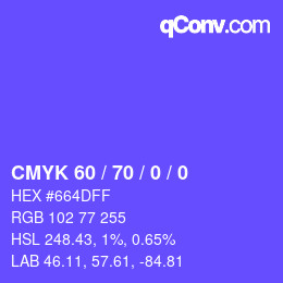 カラーコード: CMYK 60 / 70 / 0 / 0 | qconv.com