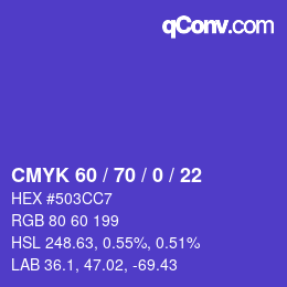 カラーコード: CMYK 60 / 70 / 0 / 22 | qconv.com