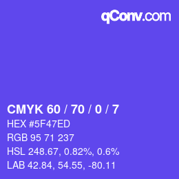 カラーコード: CMYK 60 / 70 / 0 / 7 | qconv.com