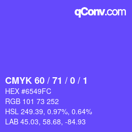 カラーコード: CMYK 60 / 71 / 0 / 1 | qconv.com