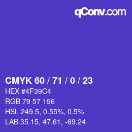 カラーコード: CMYK 60 / 71 / 0 / 23 | qconv.com