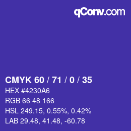 Color code: CMYK 60 / 71 / 0 / 35 | qconv.com