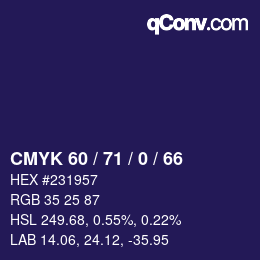 Color code: CMYK 60 / 71 / 0 / 66 | qconv.com