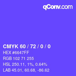 颜色代码: CMYK 60 / 72 / 0 / 0 | qconv.com