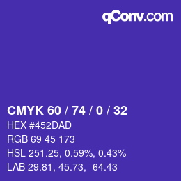 Color code: CMYK 60 / 74 / 0 / 32 | qconv.com