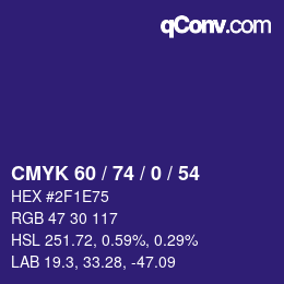 カラーコード: CMYK 60 / 74 / 0 / 54 | qconv.com