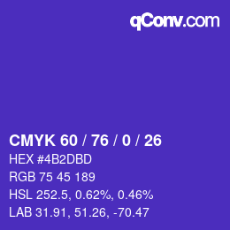 カラーコード: CMYK 60 / 76 / 0 / 26 | qconv.com