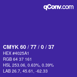 カラーコード: CMYK 60 / 77 / 0 / 37 | qconv.com