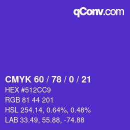 カラーコード: CMYK 60 / 78 / 0 / 21 | qconv.com