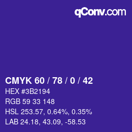 カラーコード: CMYK 60 / 78 / 0 / 42 | qconv.com