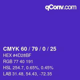 Farbcode: CMYK 60 / 79 / 0 / 25 | qconv.com