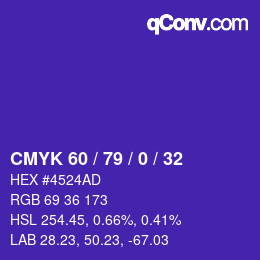 颜色代码: CMYK 60 / 79 / 0 / 32 | qconv.com