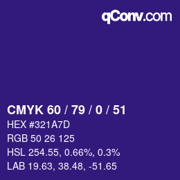 カラーコード: CMYK 60 / 79 / 0 / 51 | qconv.com