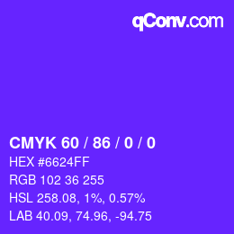 カラーコード: CMYK 60 / 86 / 0 / 0 | qconv.com