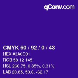 カラーコード: CMYK 60 / 92 / 0 / 43 | qconv.com
