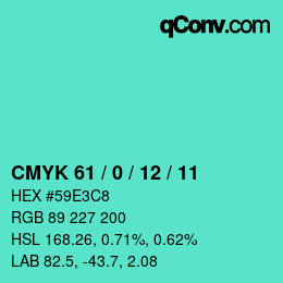 カラーコード: CMYK 61 / 0 / 12 / 11 | qconv.com
