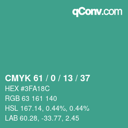Color code: CMYK 61 / 0 / 13 / 37 | qconv.com