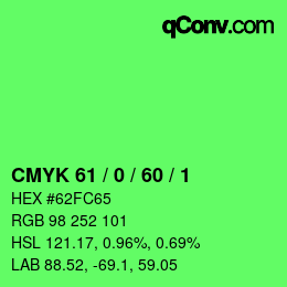 カラーコード: CMYK 61 / 0 / 60 / 1 | qconv.com