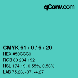 カラーコード: CMYK 61 / 0 / 6 / 20 | qconv.com