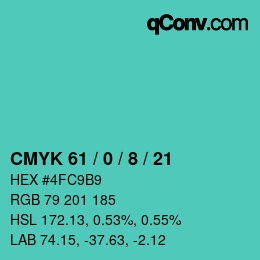 カラーコード: CMYK 61 / 0 / 8 / 21 | qconv.com