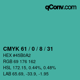 カラーコード: CMYK 61 / 0 / 8 / 31 | qconv.com