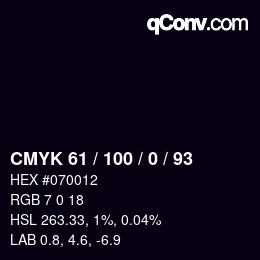 Farbcode: CMYK 61 / 100 / 0 / 93 | qconv.com