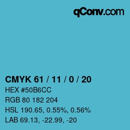 カラーコード: CMYK 61 / 11 / 0 / 20 | qconv.com