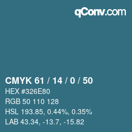 Color code: CMYK 61 / 14 / 0 / 50 | qconv.com