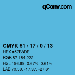 カラーコード: CMYK 61 / 17 / 0 / 13 | qconv.com