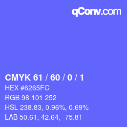 カラーコード: CMYK 61 / 60 / 0 / 1 | qconv.com