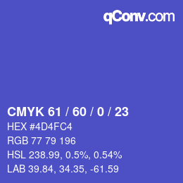 カラーコード: CMYK 61 / 60 / 0 / 23 | qconv.com