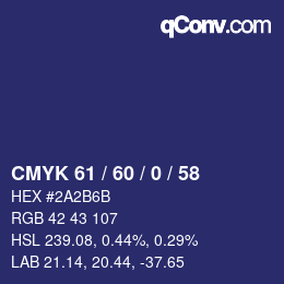 カラーコード: CMYK 61 / 60 / 0 / 58 | qconv.com