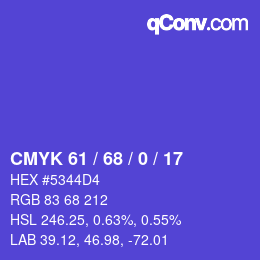 カラーコード: CMYK 61 / 68 / 0 / 17 | qconv.com